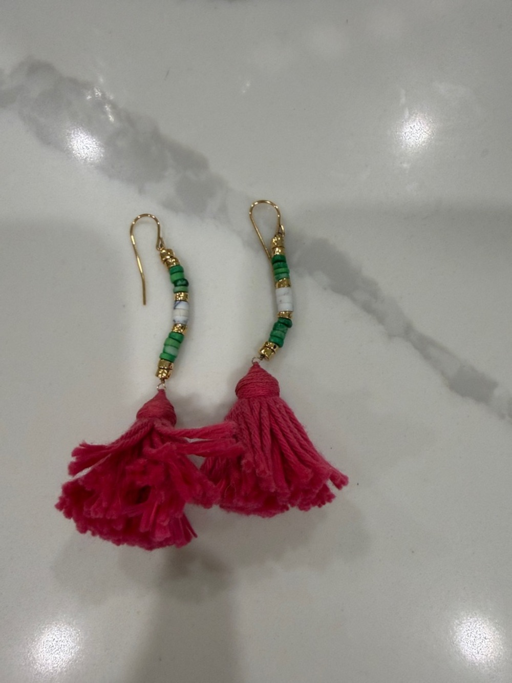 Gold-Tone Pink Tassel Drop Earrings with Green Bead Accents